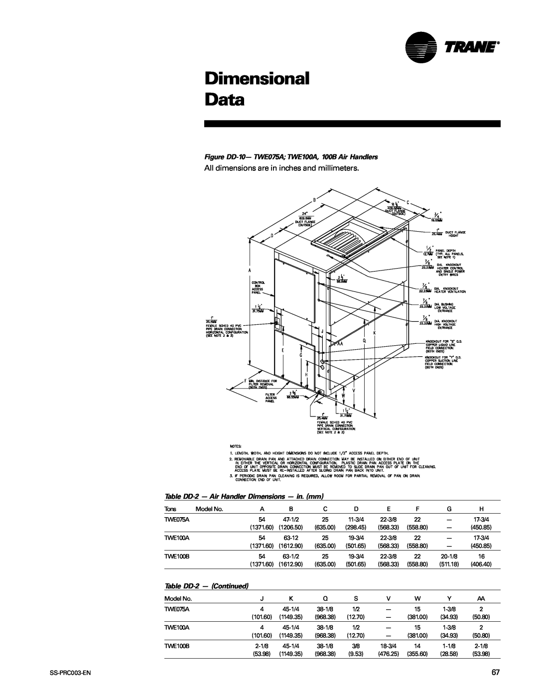 Trane SS-PRC003-EN manual Dimensional Data, All dimensions are in inches and millimeters, Table DD-2- Continued 