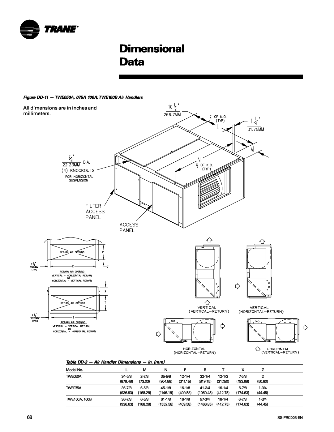Trane SS-PRC003-EN manual Dimensional Data, Table DD-3- Air Handler Dimensions - in. mm 