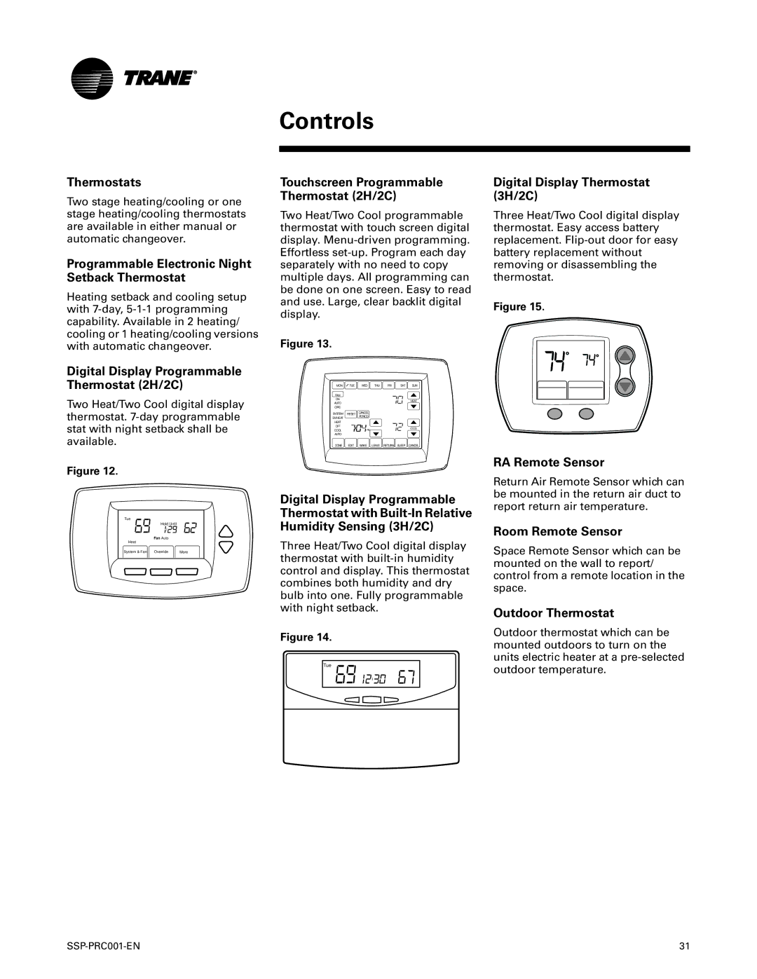 Trane SSP-PRC001-EN manual Controls, Thermostats 