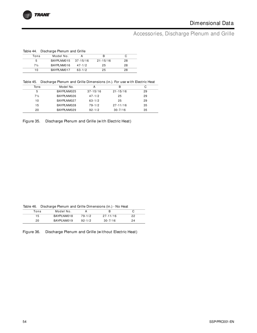 Trane SSP-PRC001-EN manual Accessories, Discharge Plenum and Grille, Discharge Plenum and Grille Dimensions in. No Heat 