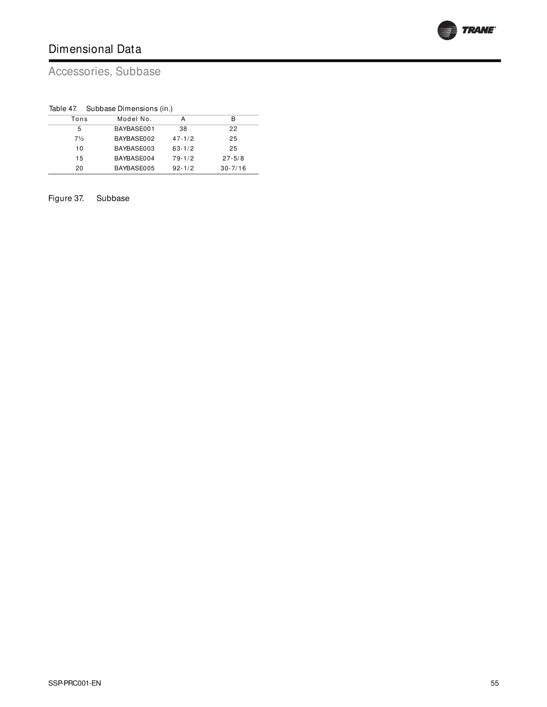 Trane SSP-PRC001-EN manual Accessories, Subbase, Subbase Dimensions 