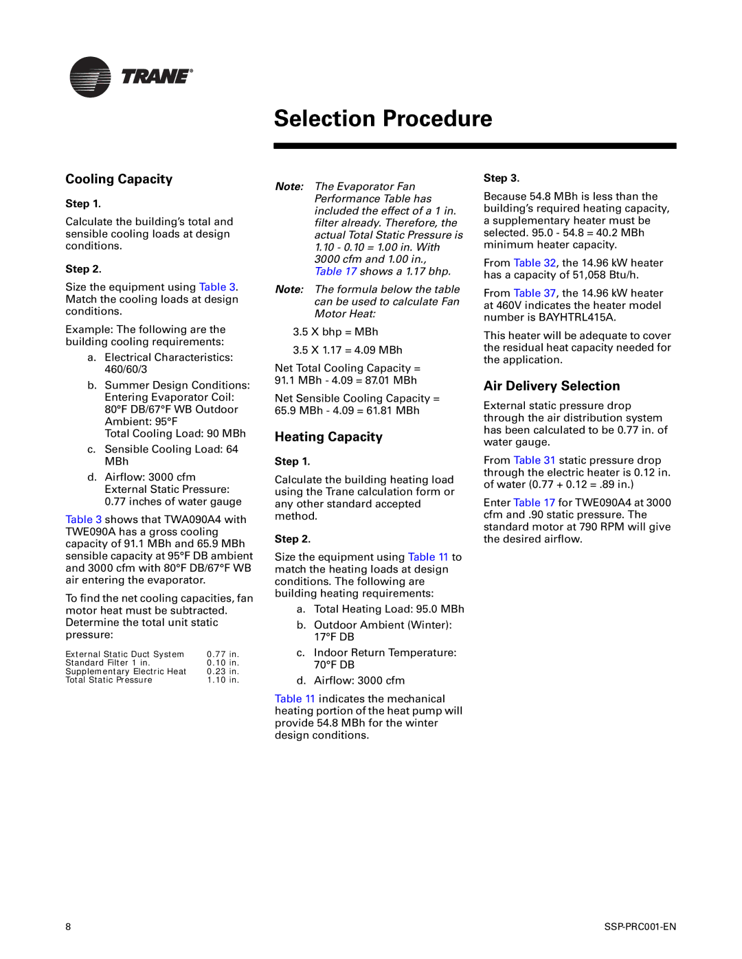 Trane SSP-PRC001-EN manual Selection Procedure, Cooling Capacity, Heating Capacity, Air Delivery Selection 