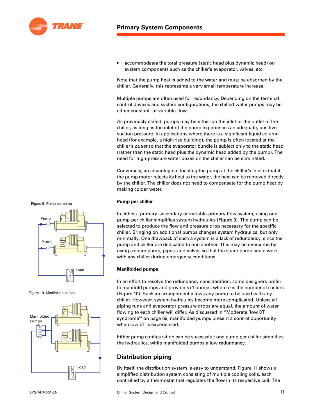 Trane SYS-APM001-EN manual Distribution piping, Pump per chiller, Manifolded pumps 