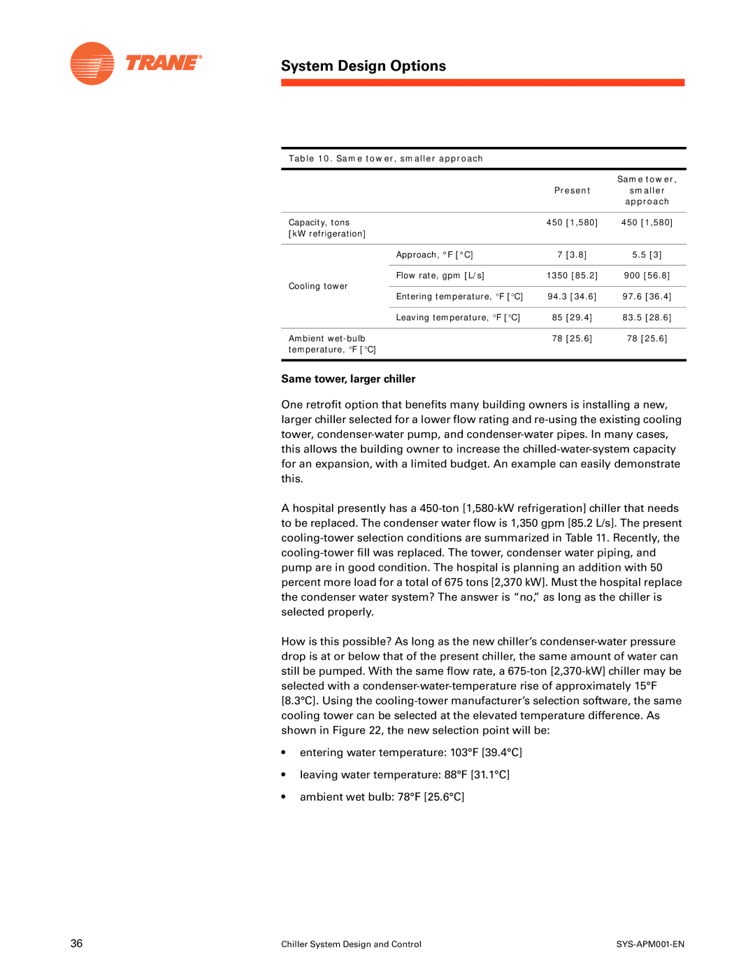 Trane SYS-APM001-EN manual Same tower, larger chiller, Same tower, smaller approach Present Smaller Approach 