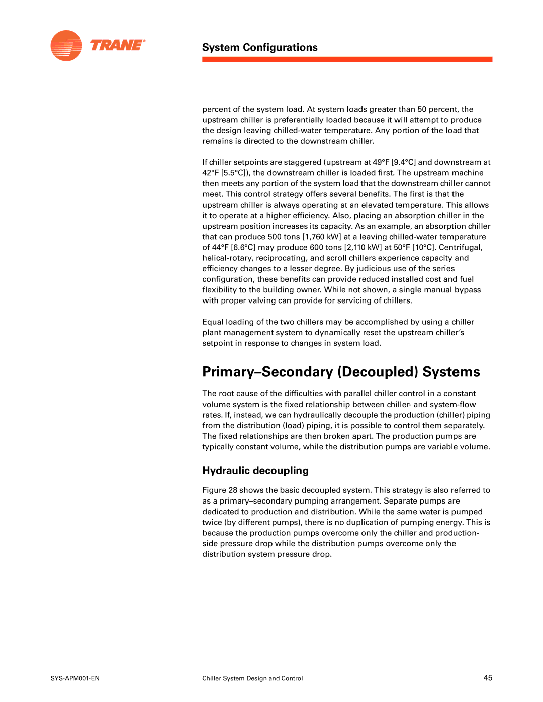 Trane SYS-APM001-EN manual Primary-Secondary Decoupled Systems, Hydraulic decoupling 