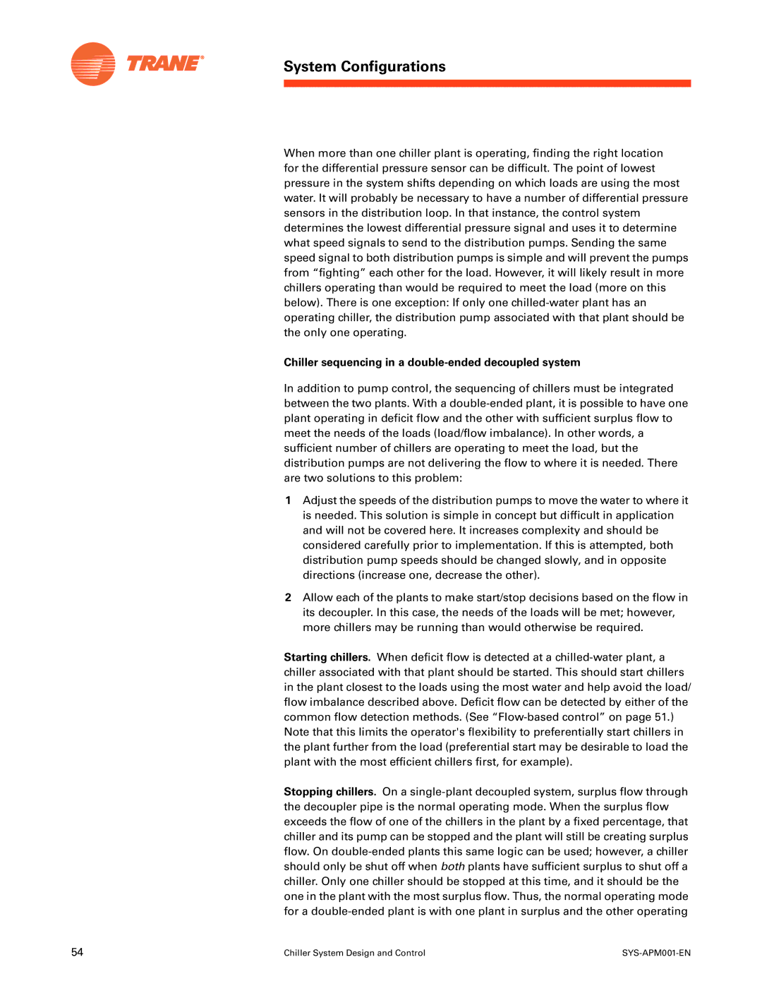 Trane SYS-APM001-EN manual Chiller sequencing in a double-ended decoupled system 