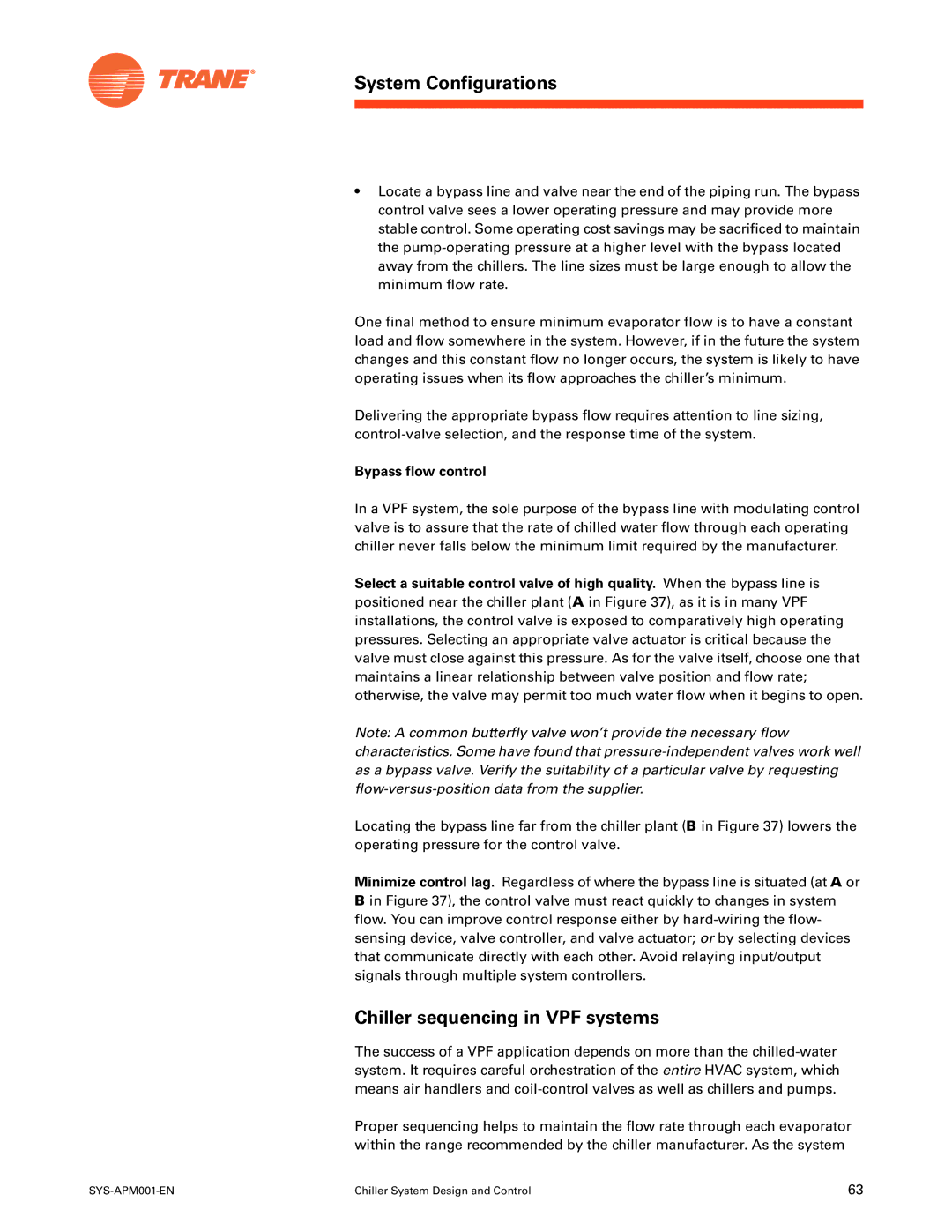 Trane SYS-APM001-EN manual Chiller sequencing in VPF systems, Bypass flow control 