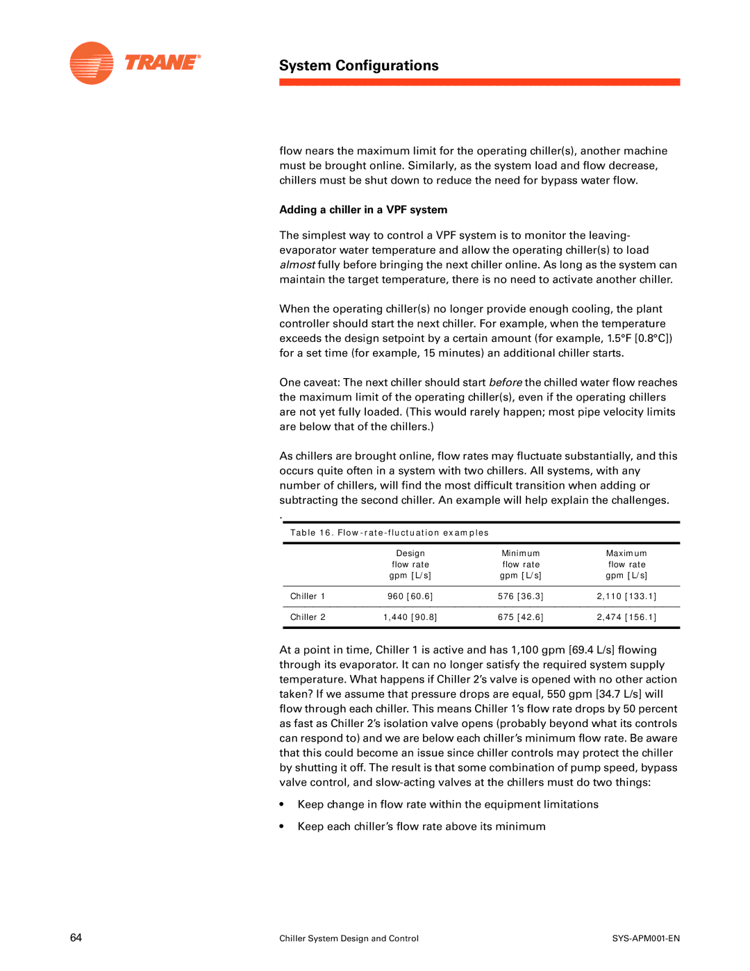 Trane SYS-APM001-EN manual Adding a chiller in a VPF system, Flow-rate-fluctuation examples 