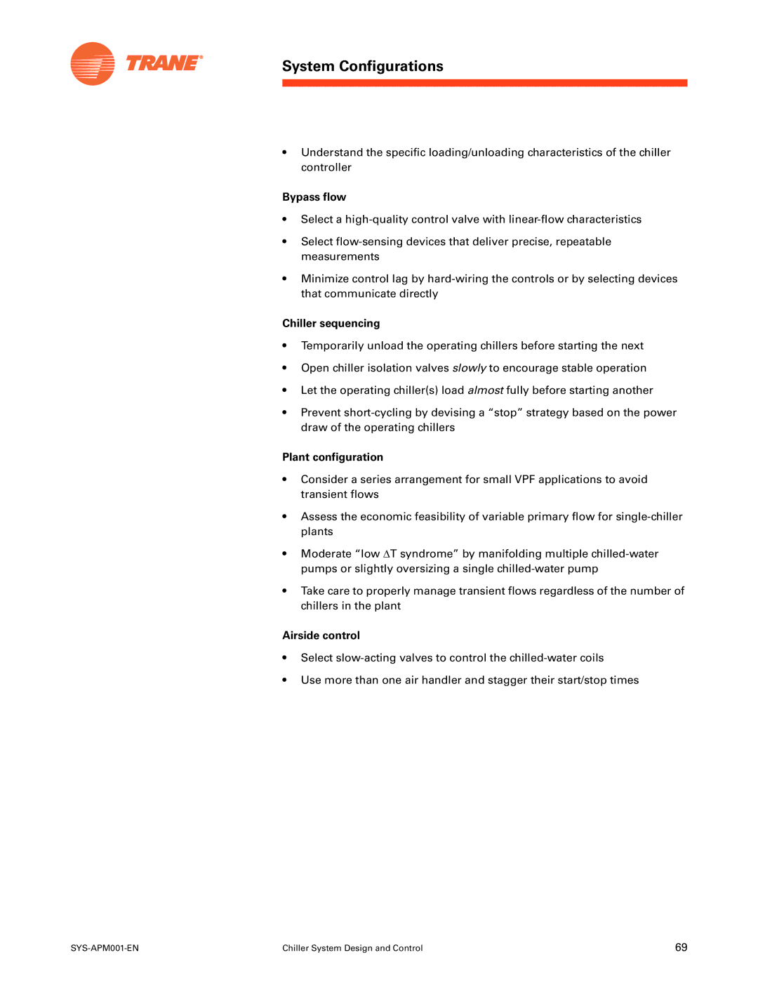 Trane SYS-APM001-EN manual Bypass flow, Chiller sequencing, Plant configuration, Airside control 