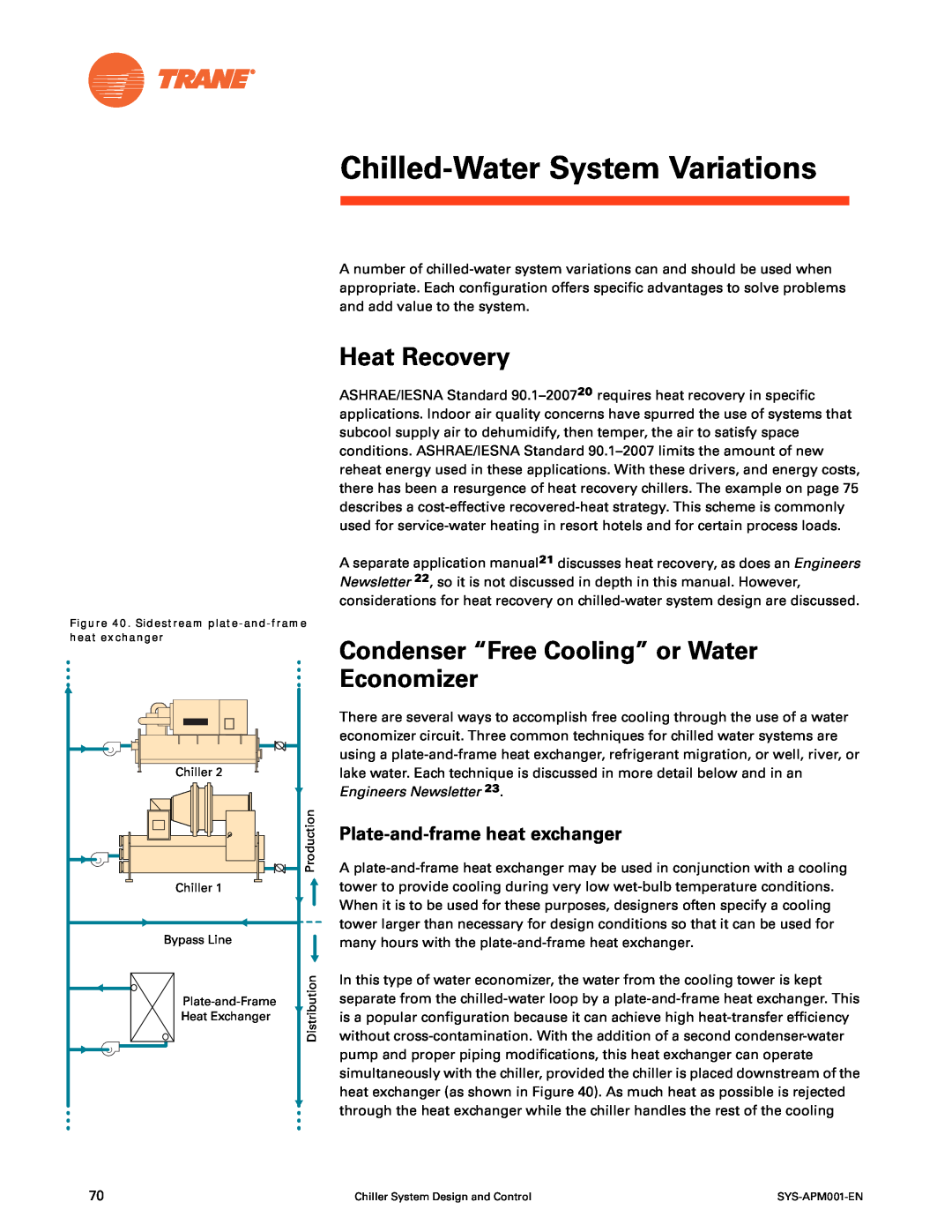 Trane SYS-APM001-EN manual Chilled-Water System Variations, Heat Recovery, Condenser “Free Cooling” or Water Economizer 
