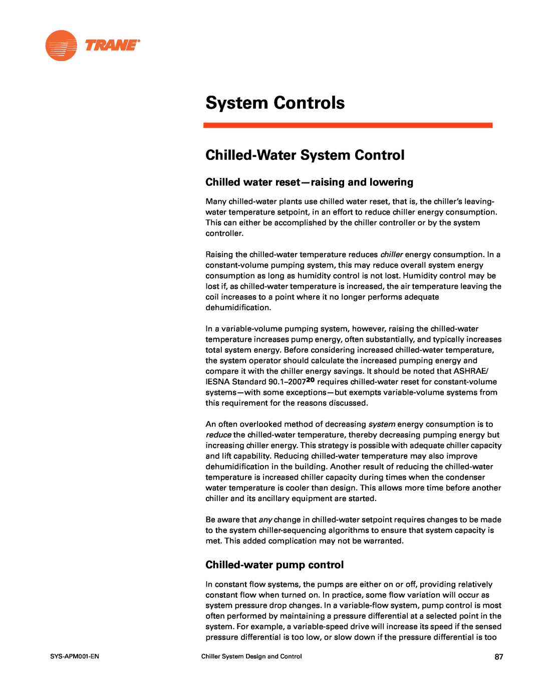 Trane SYS-APM001-EN manual System Controls, Chilled-Water System Control, Chilled water reset-raising and lowering 