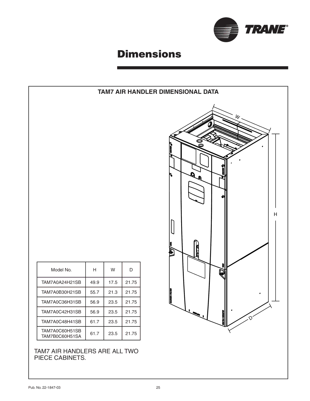 Trane TAM7A0C48H41SB, TAM7A0C60H51SB, TAM7B0C60H51SA, TAM7A0C42H31SB manual Dimensions, TAM7 AIR Handler Dimensional Data 