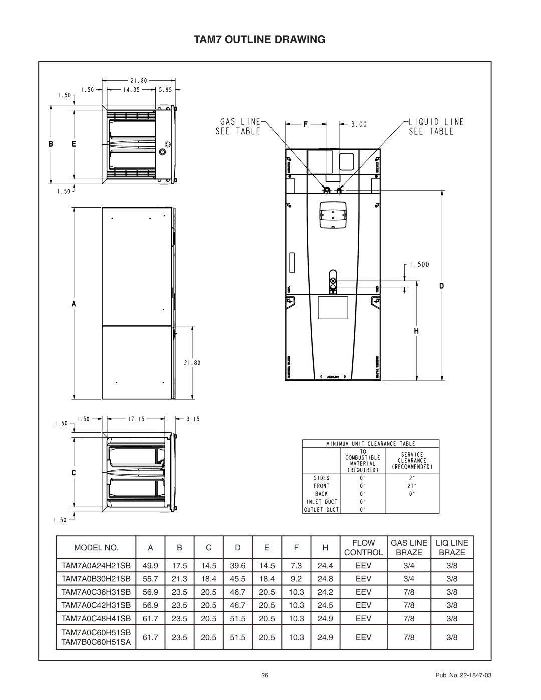 Trane TAM7B0C60H51SA, TAM7A0C60H51SB, TAM7A0C48H41SB, TAM7A0C42H31SB, TAM7A0C36H31SB, TAM7A0B30H21SB manual TAM7 Outline Drawing 