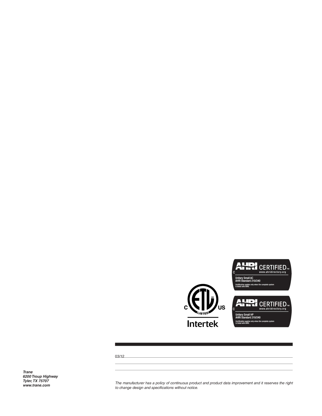 Trane TAM7A0C36H31SB, TAM7A0C60H51SB, TAM7A0C48H41SB, TAM7B0C60H51SA, TAM7A0C42H31SB, TAM7A0B30H21SB manual Trane 