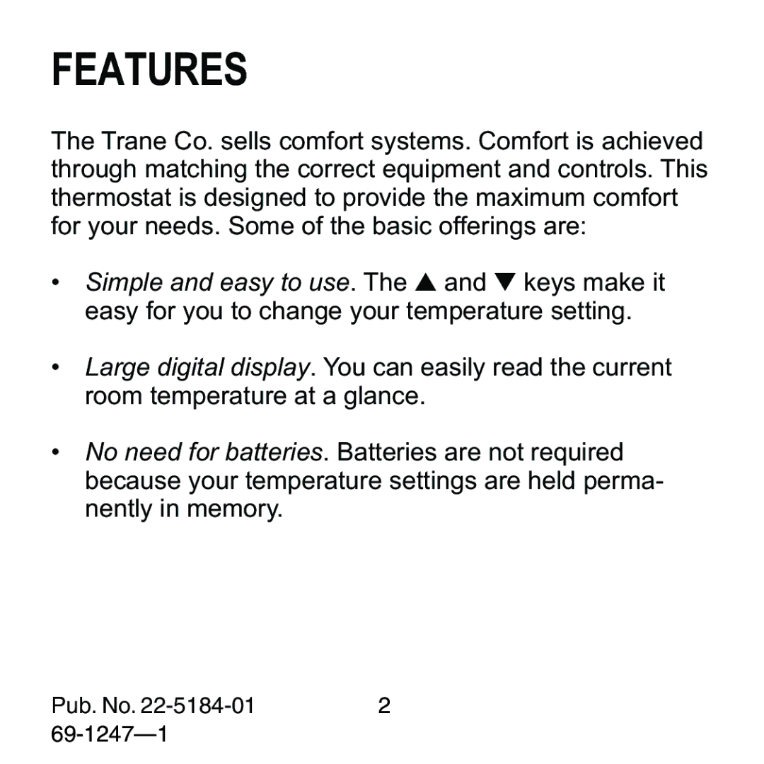 Trane 371, TAYSTAT 370, 380 manual Features 