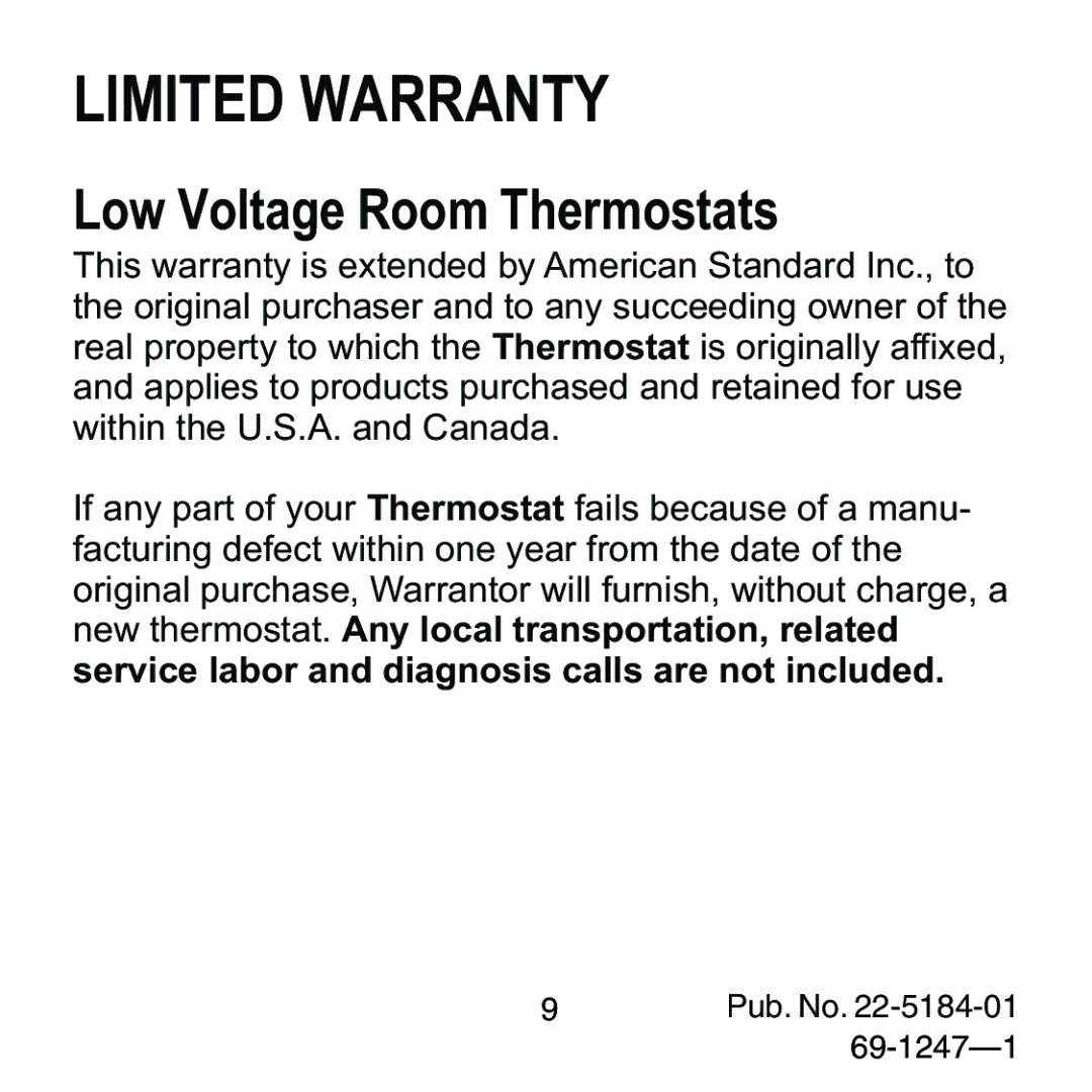 Trane TAYSTAT 370, 380, 371 manual Limited Warranty, Low Voltage Room Thermostats 