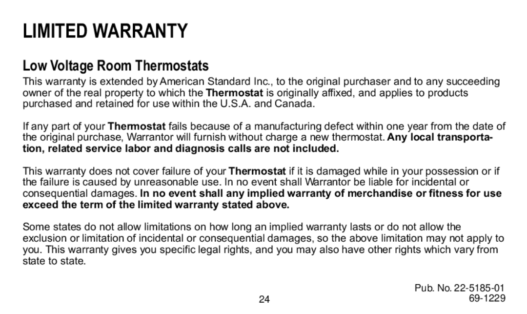 Trane TAYSTAT 540 manual Limited Warranty, Low Voltage Room Thermostats 