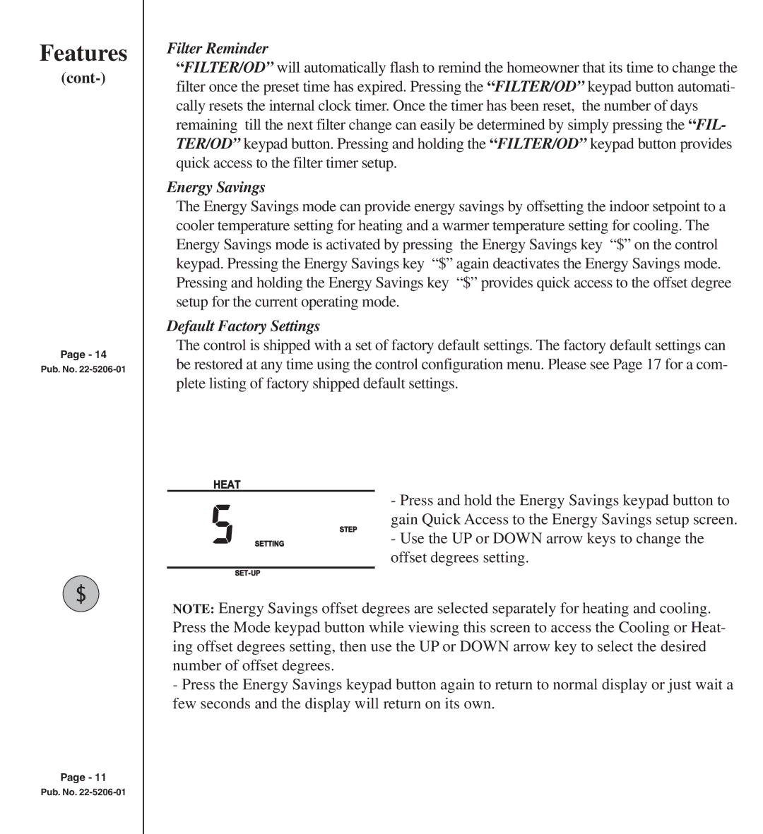 Trane TCONT401AN21MA owner manual Filter Reminder, Default Factory Settings 