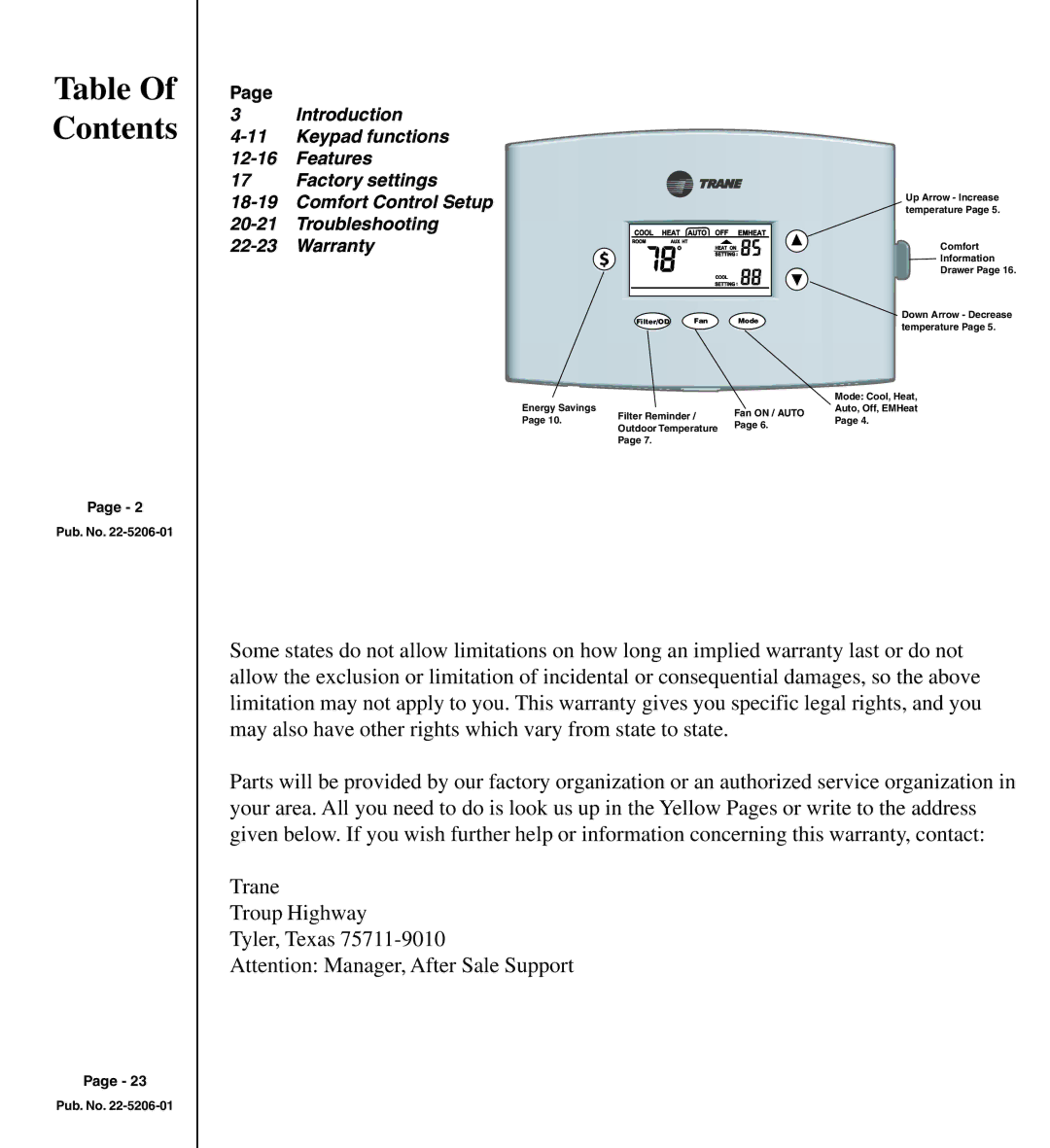 Trane TCONT401AN21MA owner manual Table Of Contents 