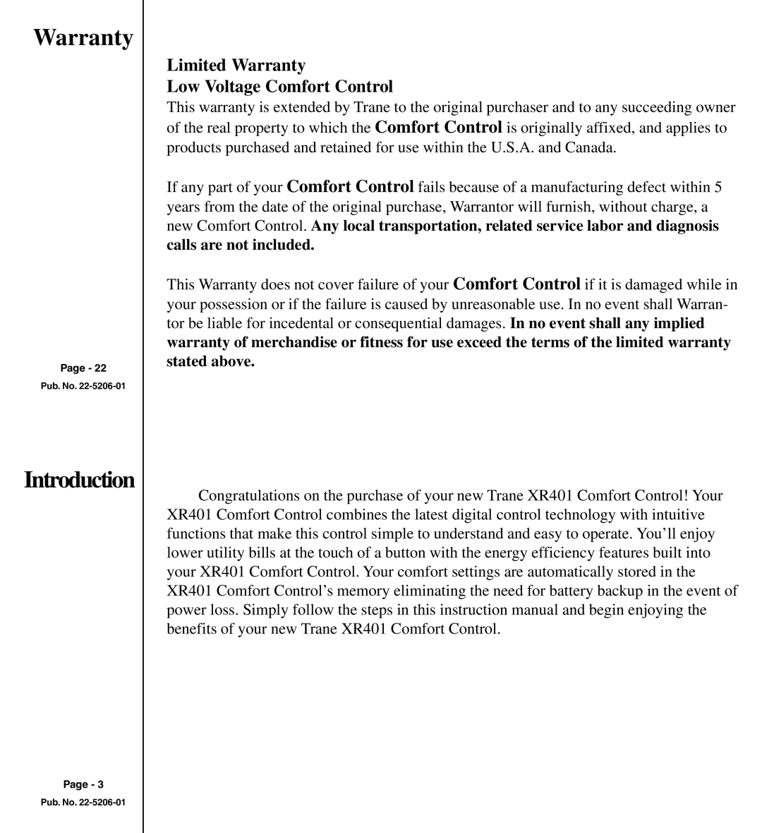 Trane TCONT401AN21MA owner manual Warranty, Introduction 