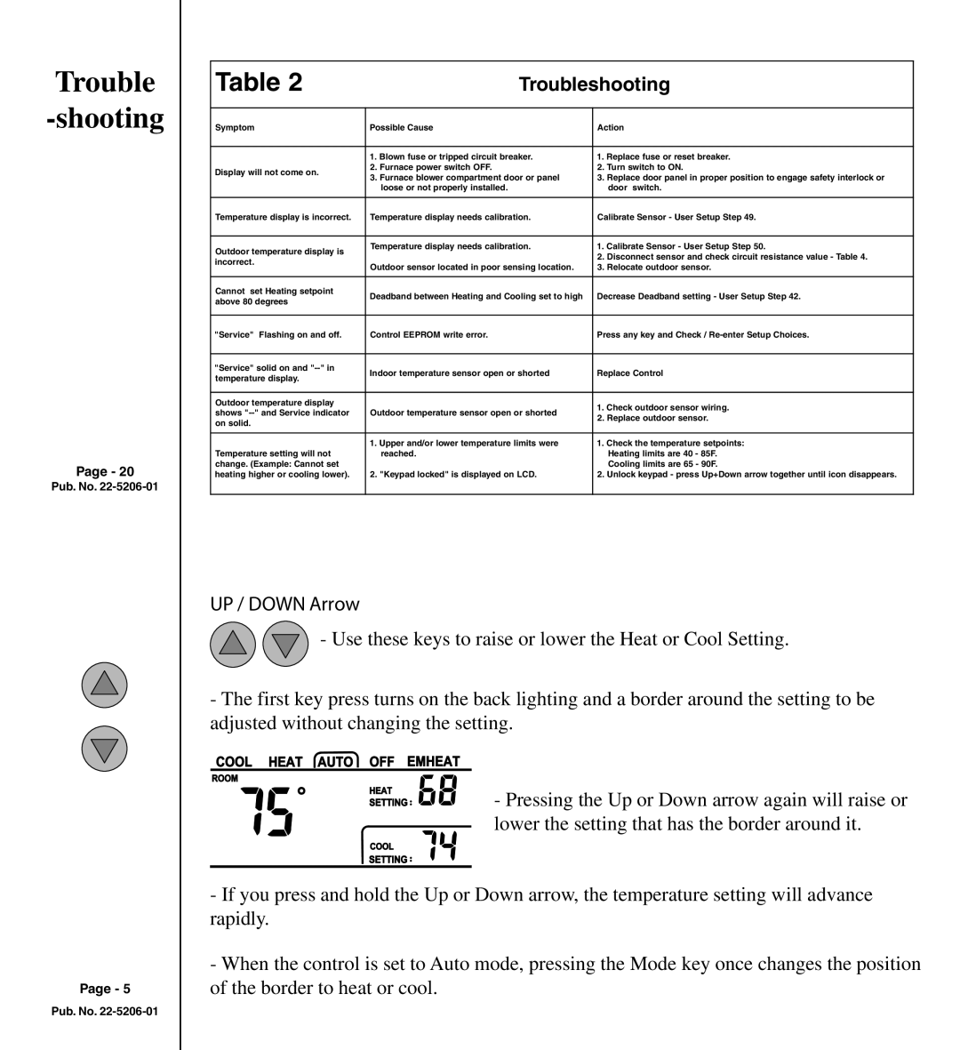 Trane TCONT401AN21MA owner manual Trouble Shooting, UP / Down Arrow 