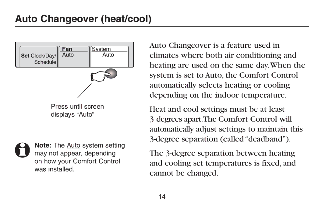 Trane TCONT602AF22MA, TCONT600AF11MA manual Auto Changeover heat/cool 