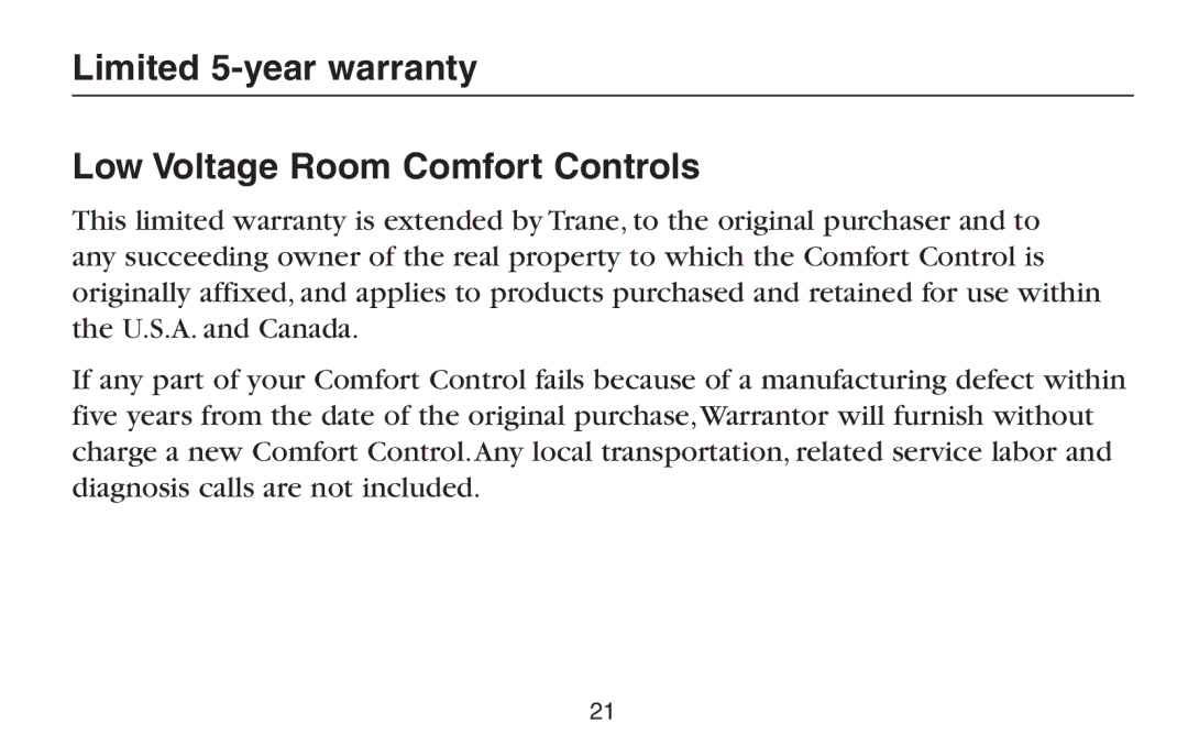 Trane TCONT600AF11MA, TCONT602AF22MA manual Limited 5-year warranty Low Voltage Room Comfort Controls 