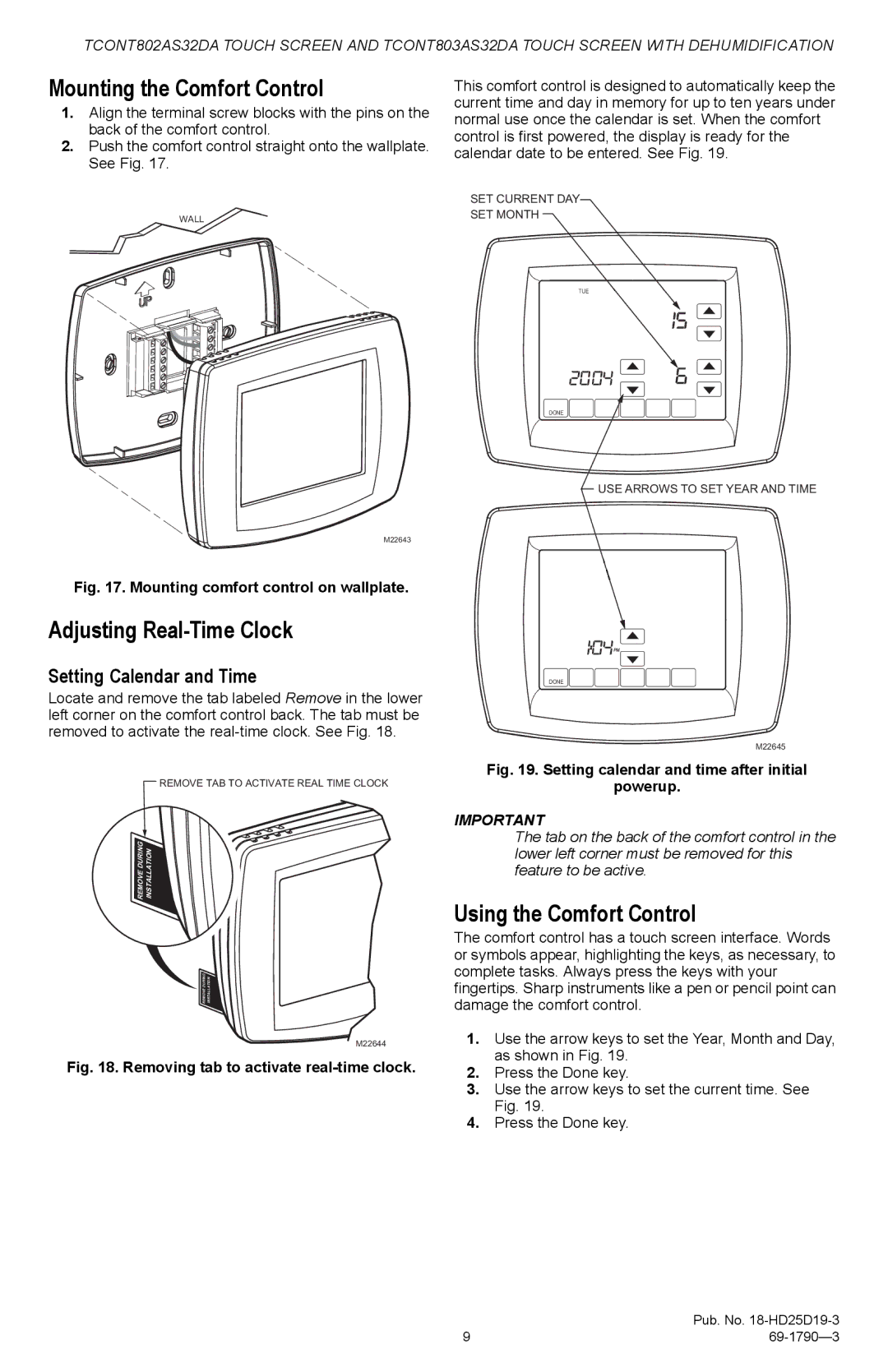 Trane TCONT802AS32DA, TCONT803AS32DA Mounting the Comfort Control, Adjusting Real-Time Clock, Using the Comfort Control 