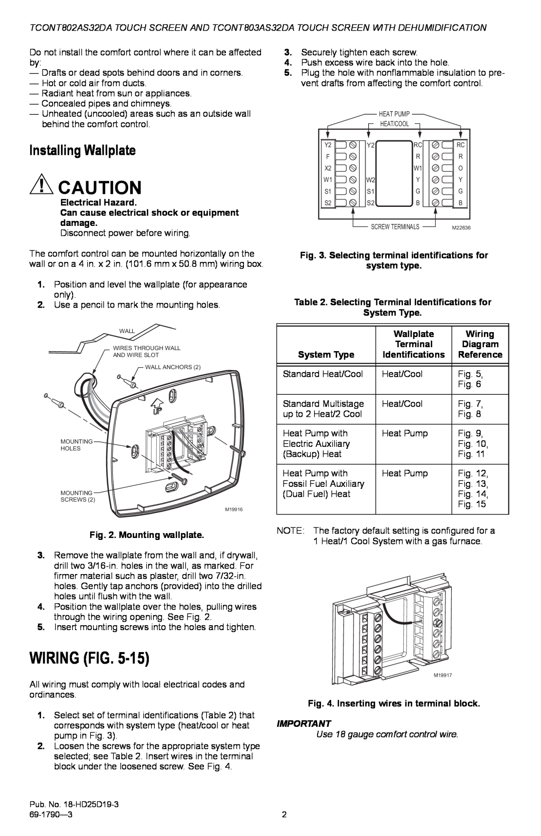 Trane TCONT803AS32DA, TCONT802AS32DA installation instructions Wiring Fig, Installing Wallplate 