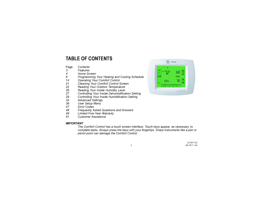 Trane TCONT900AC43UA manual Table of Contents 