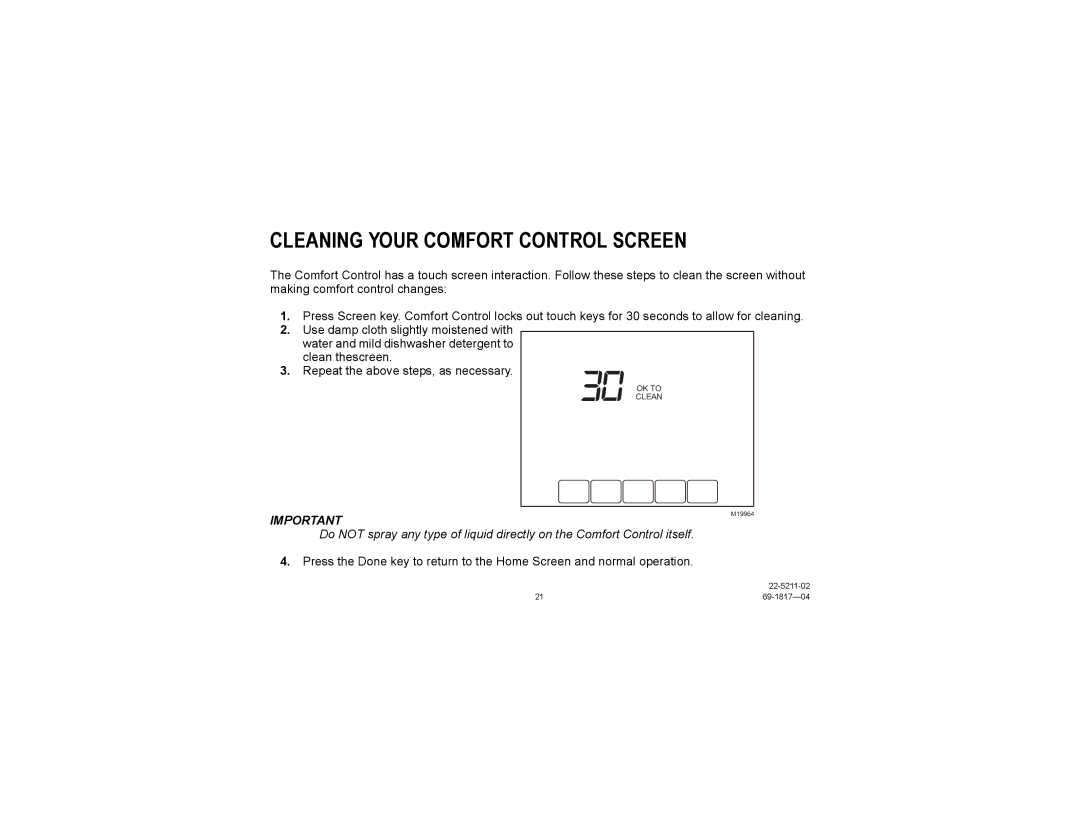 Trane TCONT900AC43UA manual Cleaning Your Comfort Control Screen 