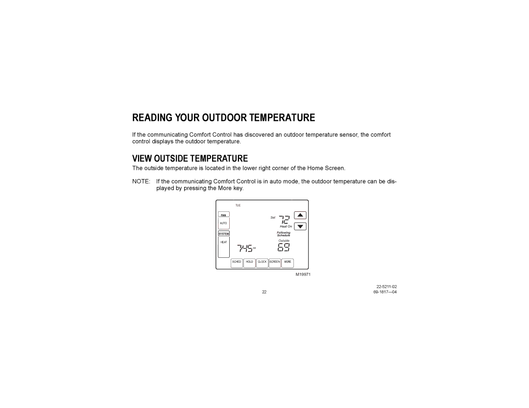 Trane TCONT900AC43UA manual Reading Your Outdoor Temperature, View Outside Temperature 