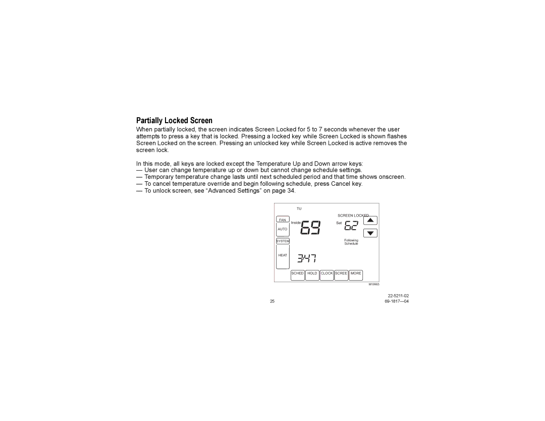 Trane TCONT900AC43UA manual Partially Locked Screen 