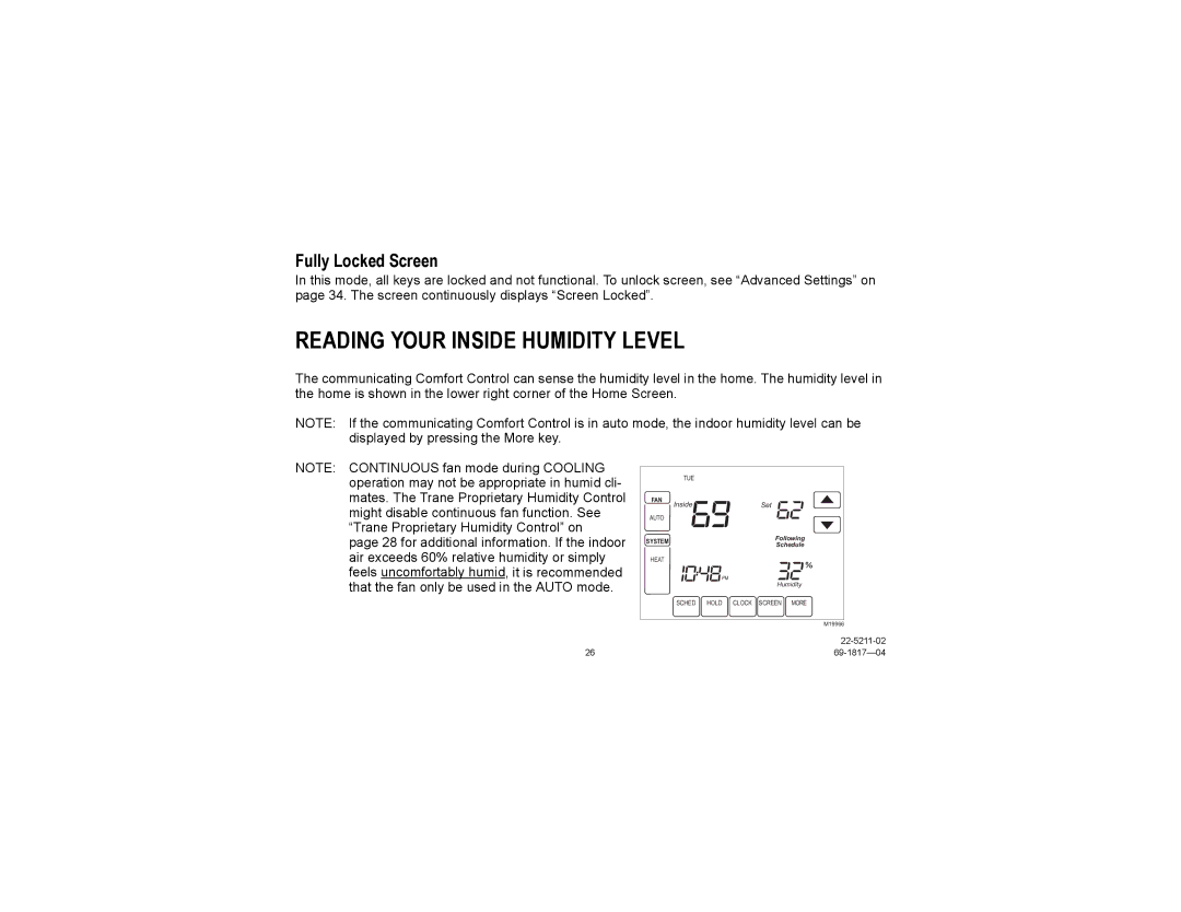 Trane TCONT900AC43UA manual Reading Your Inside Humidity Level, Fully Locked Screen 