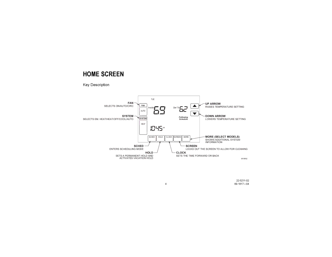 Trane TCONT900AC43UA manual Home Screen, Key Description 