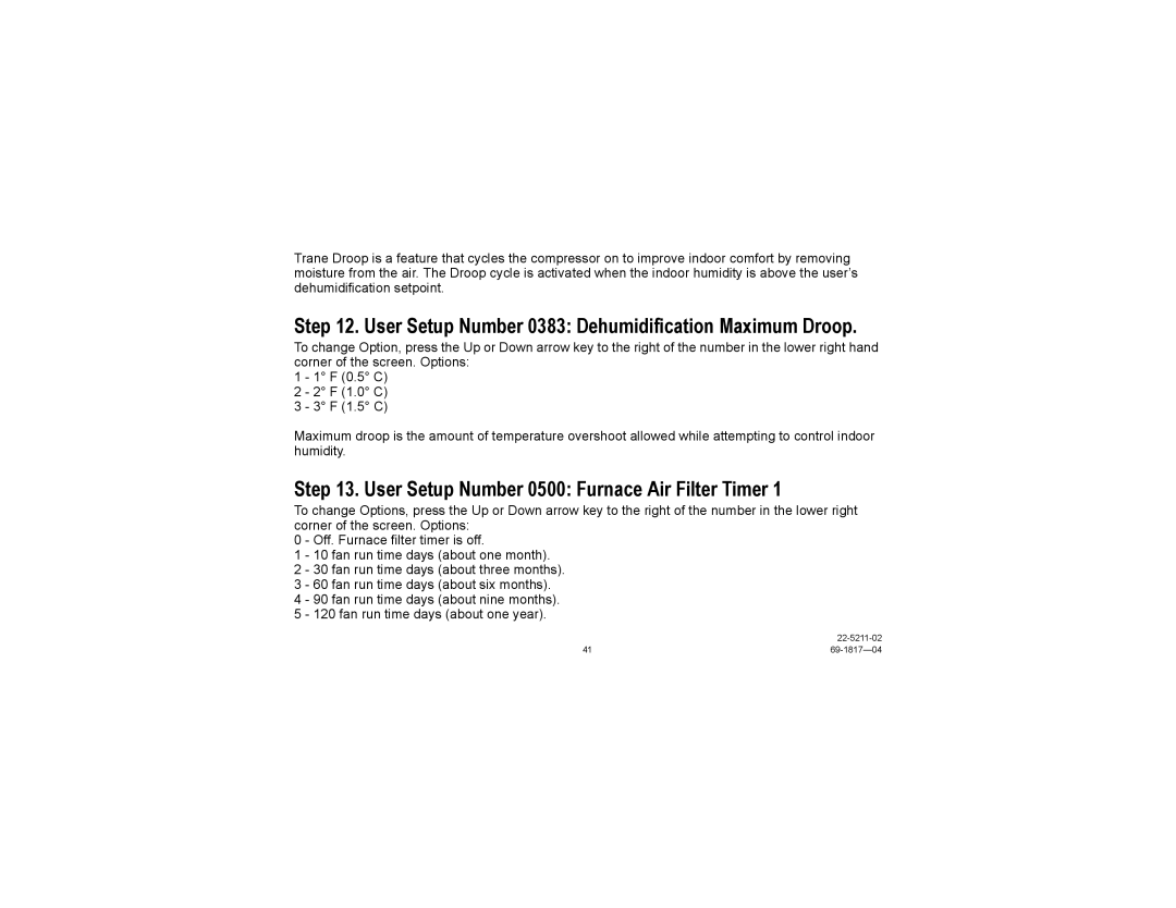 Trane TCONT900AC43UA manual User Setup Number 0383 Dehumidification Maximum Droop 