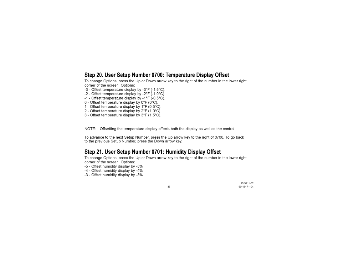 Trane TCONT900AC43UA User Setup Number 0700 Temperature Display Offset, User Setup Number 0701 Humidity Display Offset 