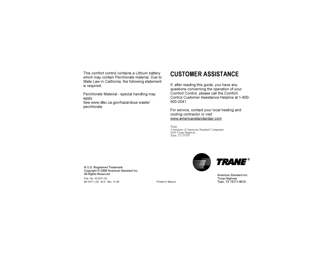 Trane TCONT900AC43UA manual Customer Assistance 