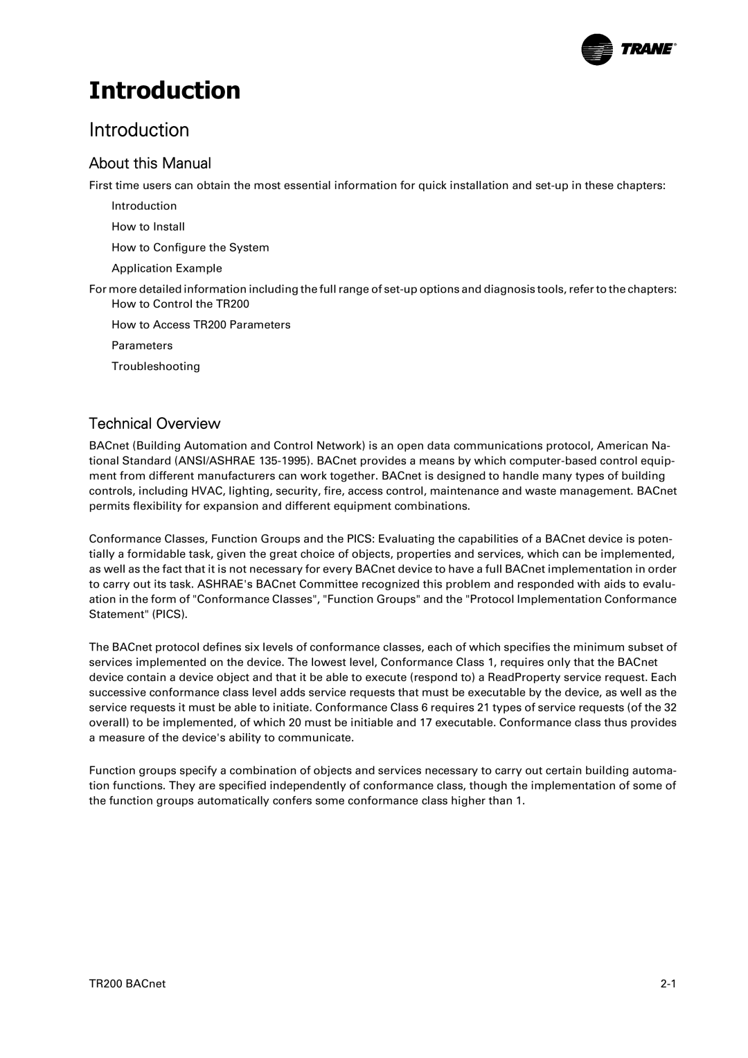 Trane TR200, BACnet Option Module instruction manual Introduction, About this Manual, Technical Overview 