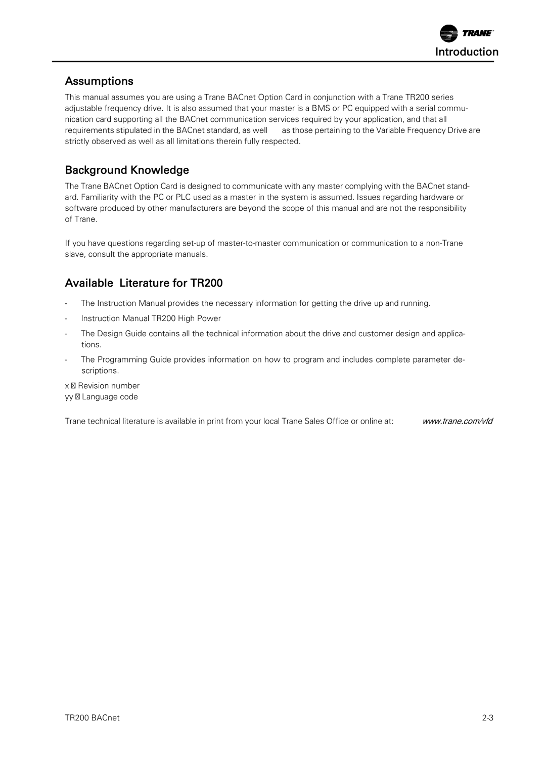 Trane BACnet Option Module Introduction Assumptions, Background Knowledge, Available Literature for TR200 