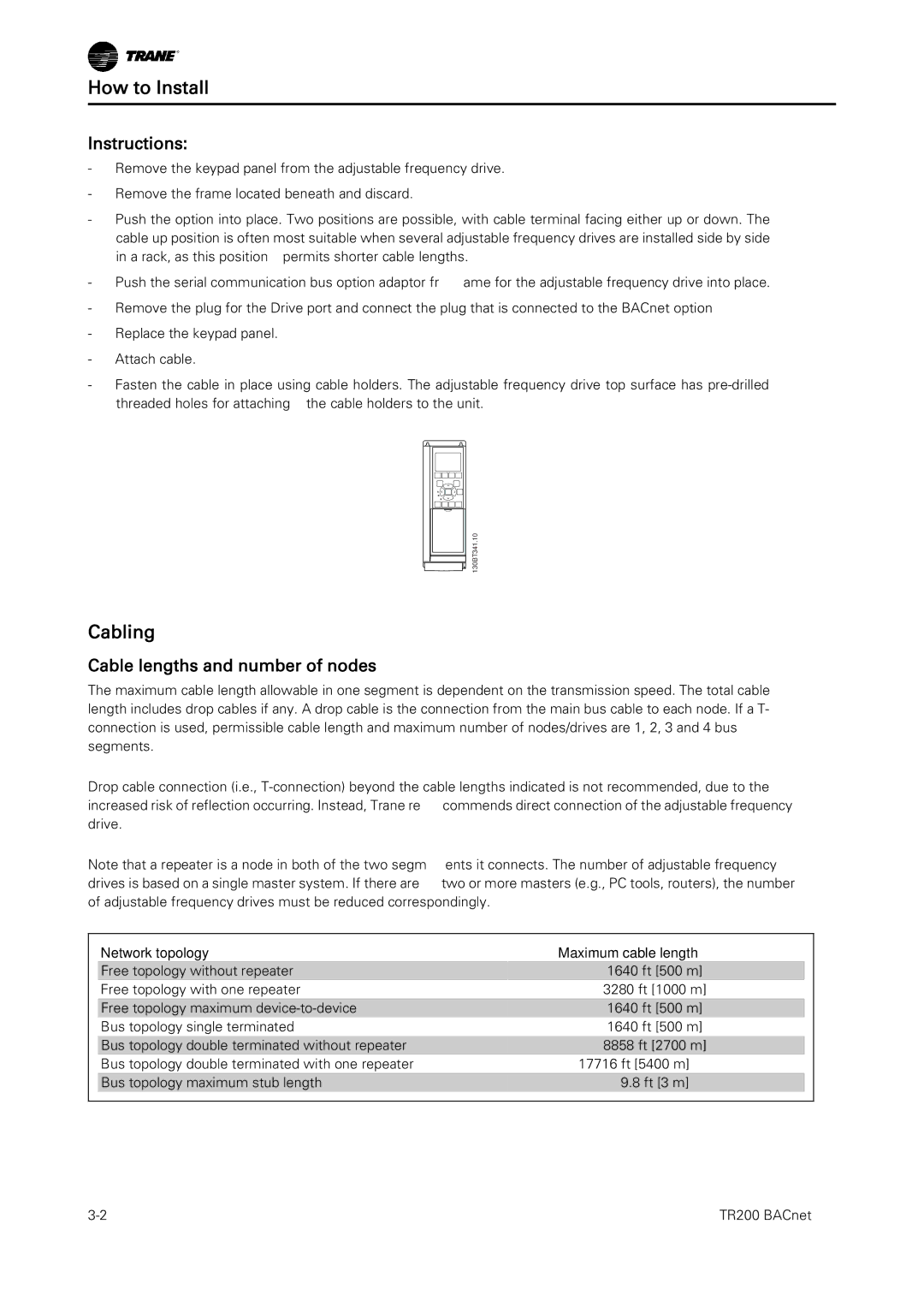 Trane BACnet Option Module, TR200 How to Install, Cabling, Instructions, Cable lengths and number of nodes 