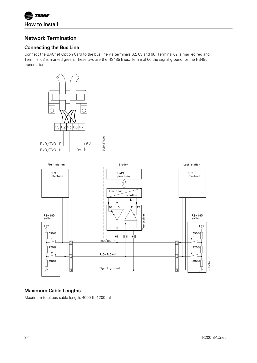 Trane BACnet Option Module, TR200 How to Install Network Termination, Connecting the Bus Line, Maximum Cable Lengths 