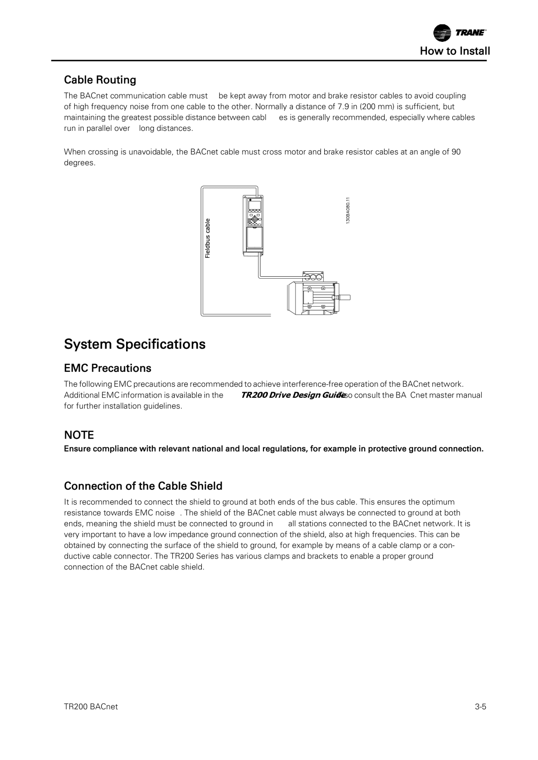 Trane TR200, BACnet Option Module How to Install Cable Routing, EMC Precautions, Connection of the Cable Shield 