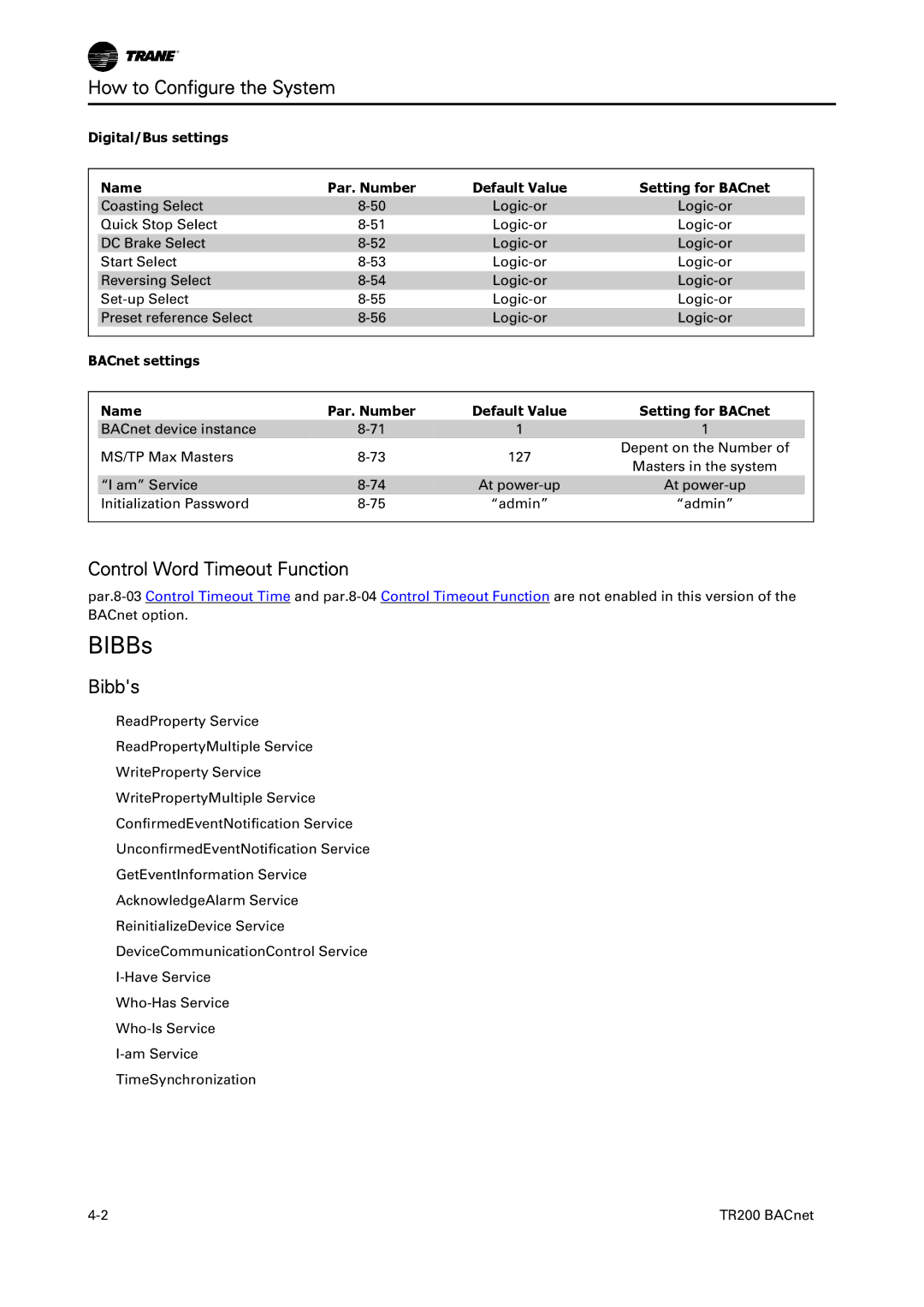 Trane BACnet Option Module, TR200 instruction manual How to Configure the System, Control Word Timeout Function, Bibbs 