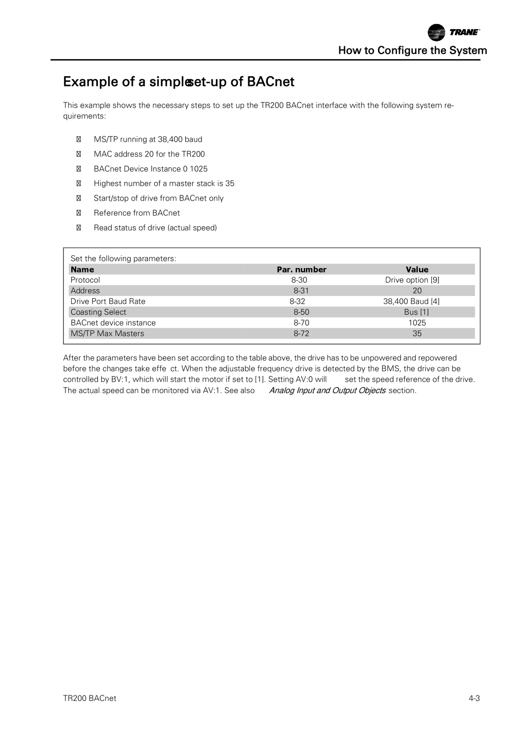 Trane TR200, BACnet Option Module instruction manual Name Par. number Value 