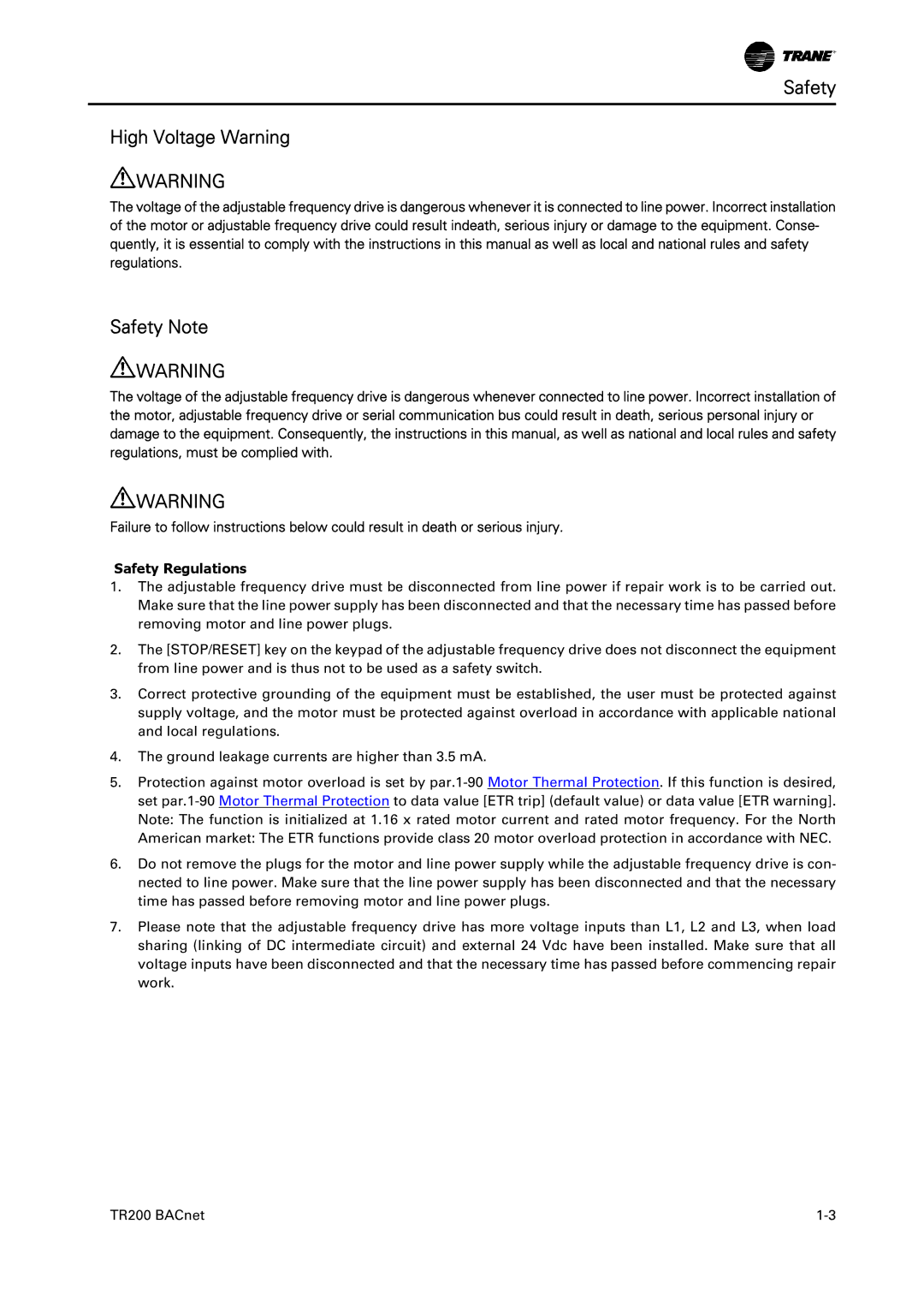 Trane TR200, BACnet Option Module instruction manual Safety High Voltage Warning, Safety Note, Safety Regulations 