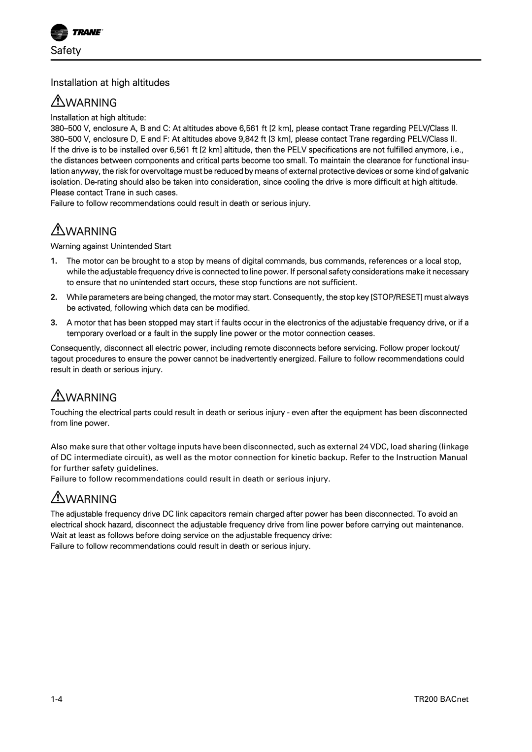 Trane BACnet Option Module, TR200 instruction manual Installation at high altitudes 