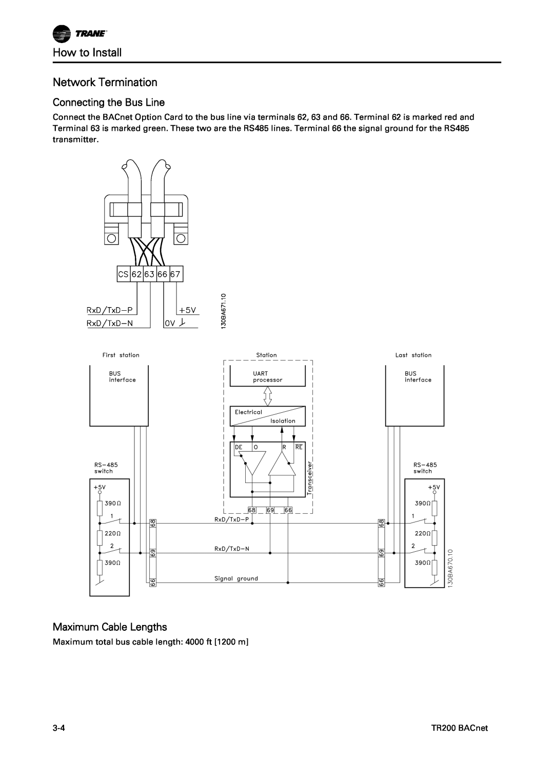 Trane BACnet Option Module, TR200 How to Install Network Termination, Connecting the Bus Line, Maximum Cable Lengths 