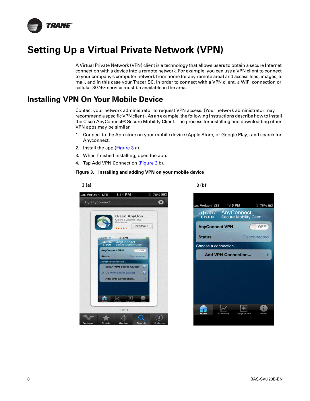 Trane BAS-SVU23B-EN manual Setting Up a Virtual Private Network VPN, Installing VPN On Your Mobile Device 