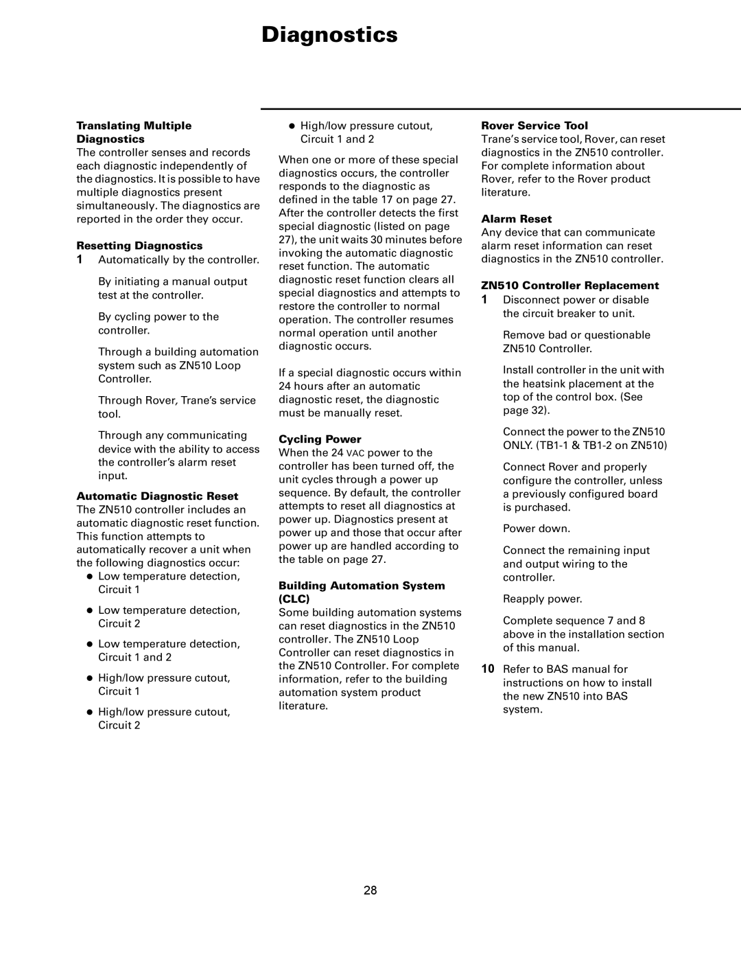 Trane Tracer manual Translating Multiple Diagnostics, Resetting Diagnostics, Cycling Power, Building Automation System CLC 